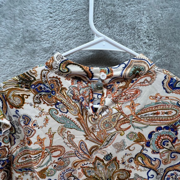 Boho Paisley Mock Neck Mini Dress Long Balloon Sleeve Ruffle Shoulder Babydoll - Picture 7 of 11